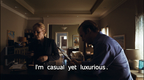 A GIF from 'Better Call Saul'. Kim Wexler  tells her partner James McGill that she is dressed in a 'casual yet luxurious' style. 